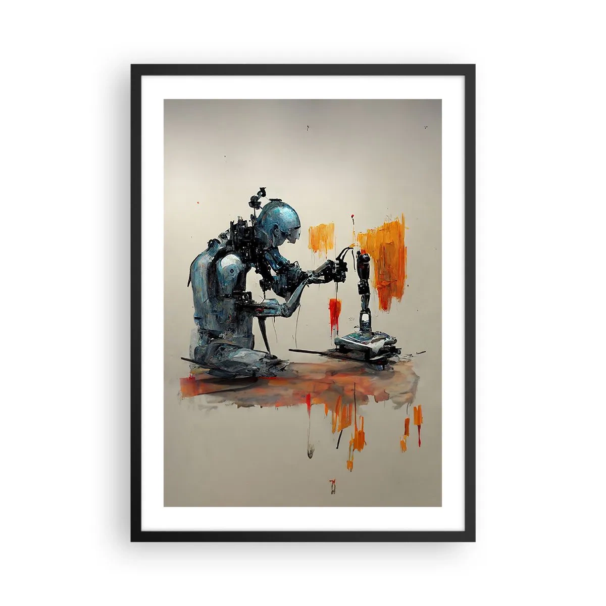 Plagát v čiernom ráme - Kybernetický robot pri tvorbe umenia. - 50x70cm - Už zajtra… - Moderná nástenná dekorácia do obývacej izby a spálne ARTTOR
