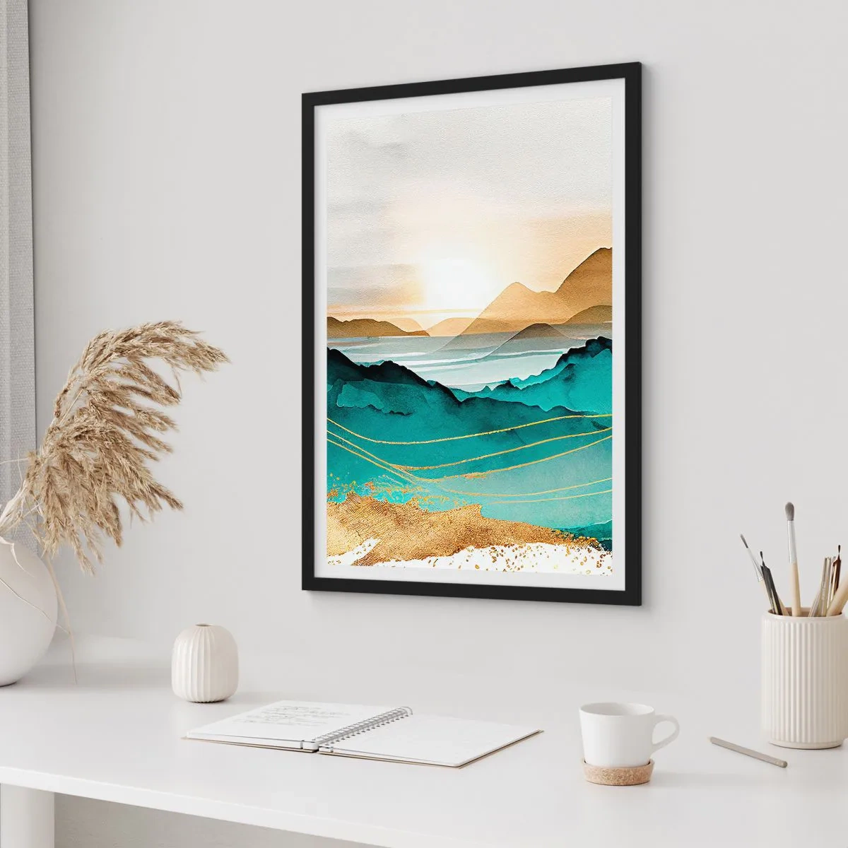 Plagát v čiernom ráme - Malebná horská krajina v odtieňoch tyrkysovej a zlatej - 50x70cm - Na pokraji abstrakcie – krajina - Moderná nástenná dekorácia do obývacej izby a spálne ARTTOR