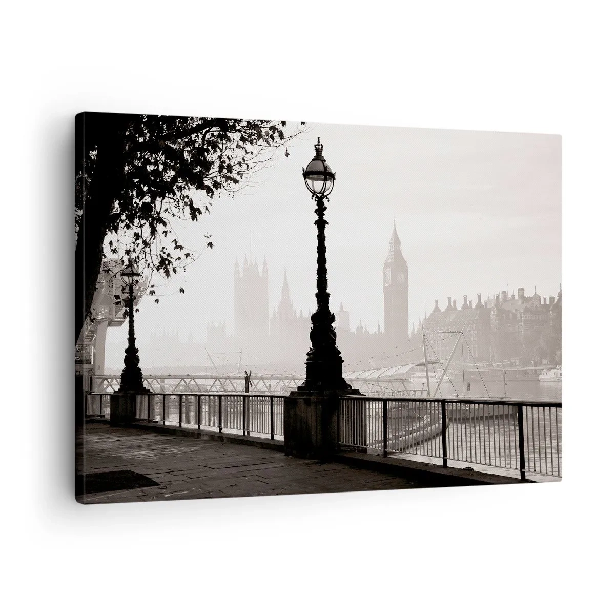 Obraz na plátne - Monochromatický pohľad na Big Ben a Temžu. - 70x50cm - Londýnske ráno - Moderná nástenná dekorácia do obývacej izby a spálne ARTTOR