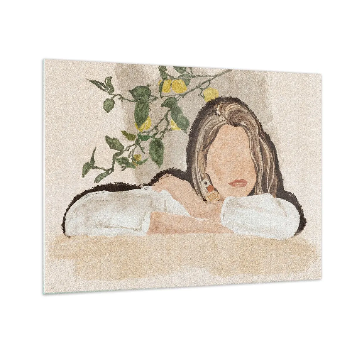 Obraz na skle - Žena opretá o stôl medzi konármi citrónovníka s bezvýraznou tvárou. - 70x50cm - Kráska z juhu - Moderná nástenná dekorácia do obývacej izby a spálne ARTTOR
