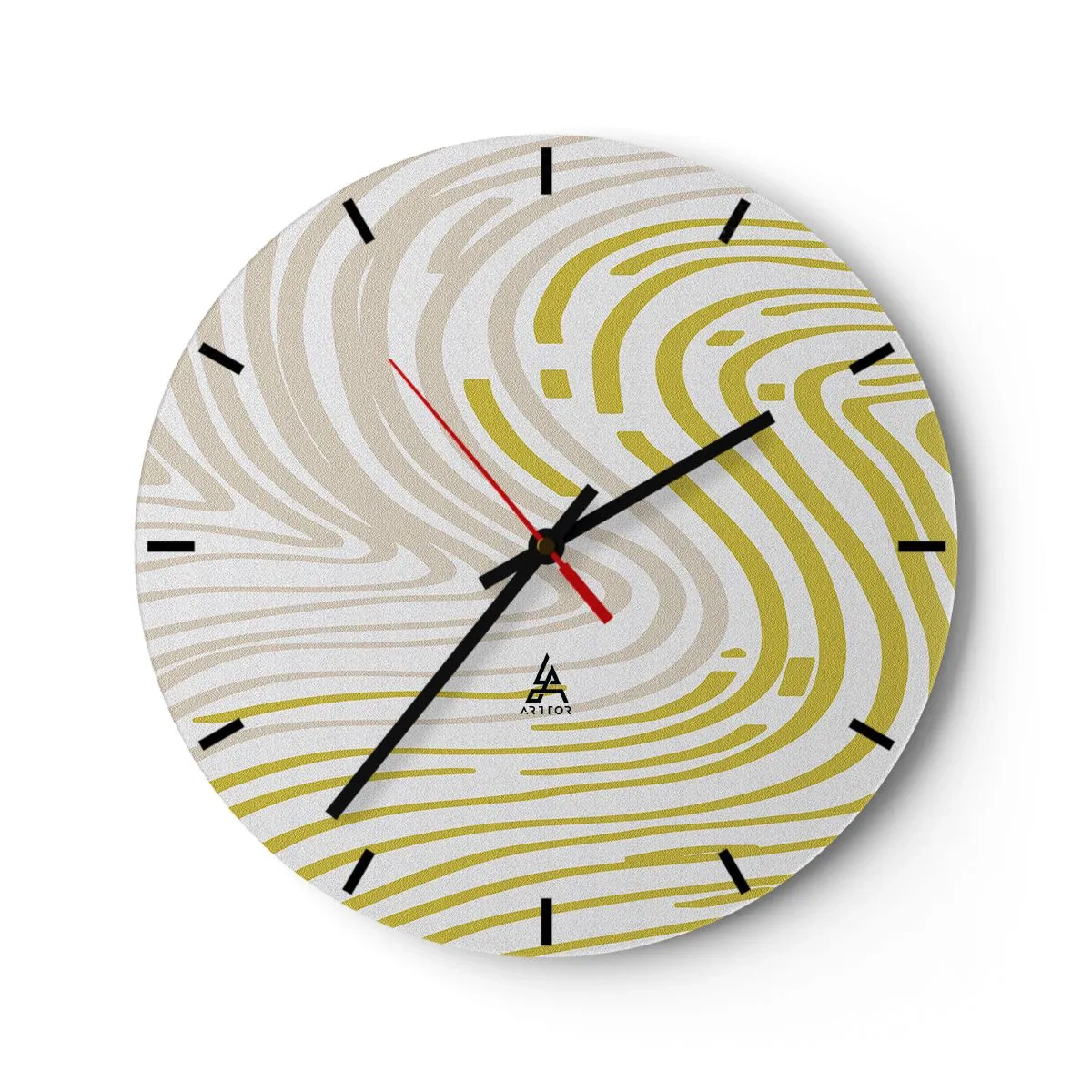 Nástenné hodiny - Abstraktné čiary v béžovej a žltej farbe vytvárajú vírivý vzor. - 30x30cm - Kompozícia s miernym ohybom - Moderná nástenná dekorácia do obývacej izby, kuchyne a spálne ARTTOR