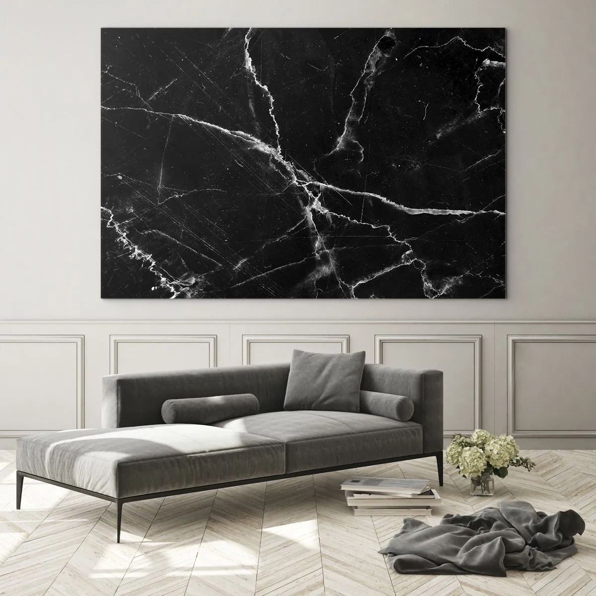 Obraz na skle - Čierny mramorový povrch so svetlými žilami - 70x50cm - Tajomný život kameňa - Moderná nástenná dekorácia do obývacej izby a spálne ARTTOR