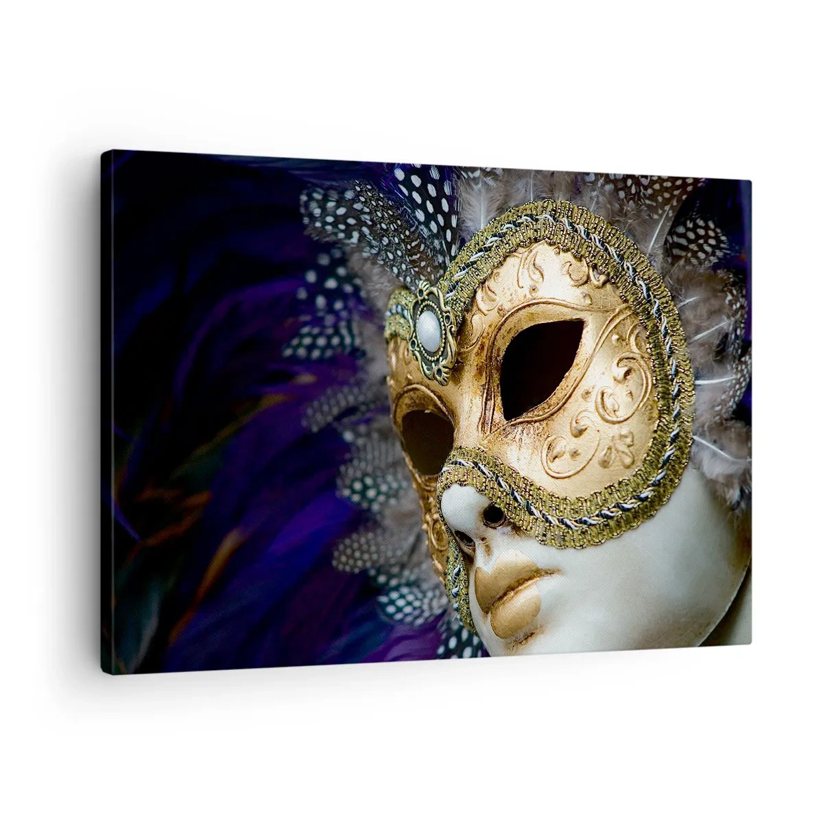 Obraz na plátne - Zlatá benátska maska s ozdobným perím a ornamentami - 70x50cm - Benátsky portrét v zlate - Moderná nástenná dekorácia do obývacej izby a spálne ARTTOR