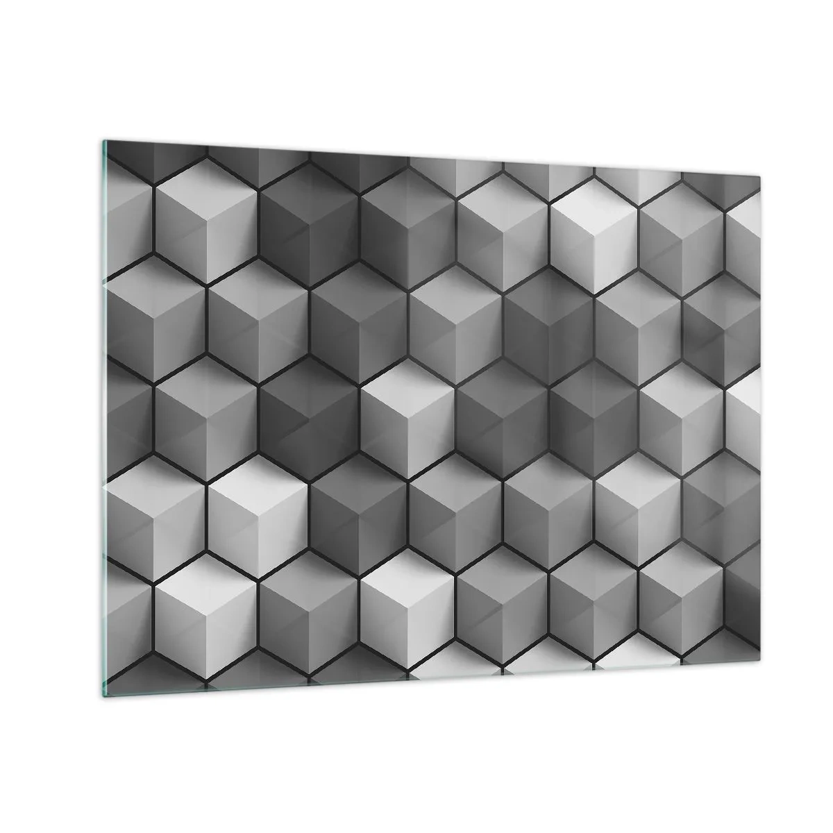 Obraz na skle - Geometrické kocky v odtieňoch sivej - 70x50cm - Kubistické puzzle - Moderná nástenná dekorácia do obývacej izby a spálne ARTTOR
