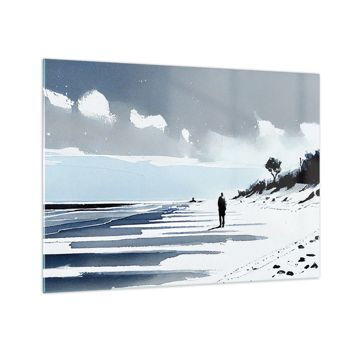 Obraz na skle - Silueta osamelého človeka kráčajúceho po prázdnej pláži - 70x50cm - O samote - Moderná nástenná dekorácia do obývacej izby a spálne ARTTOR