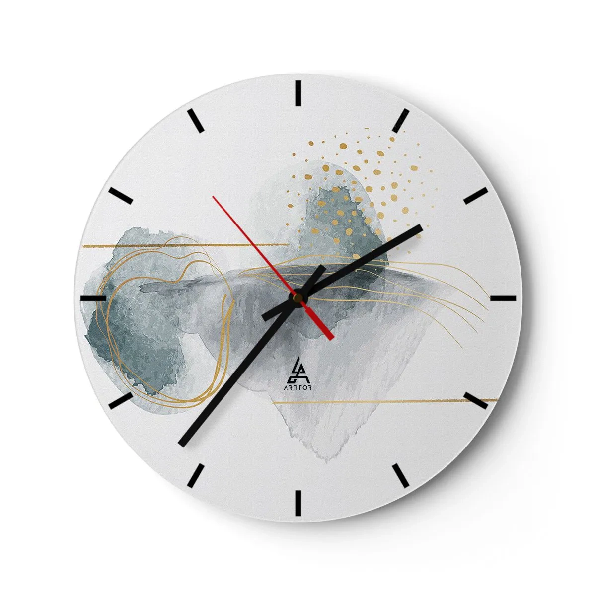 Nástenné hodiny - Pastelové abstraktné tvary so zlatými čiarami a bodkami na bielom pozadí. - 30x30cm - O vzťahu medzi šedou a zlatou - Moderná nástenná dekorácia do obývacej izby, kuchyne a spálne ARTTOR