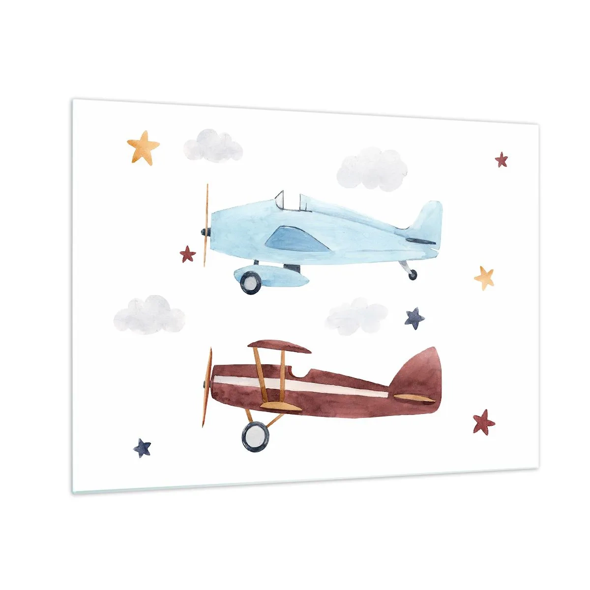 Obraz na skle - Dve farebné lietadlá medzi hviezdami a oblakmi - 70x50cm - Pán pilot, čakáme! - Moderná nástenná dekorácia do obývacej izby a spálne ARTTOR