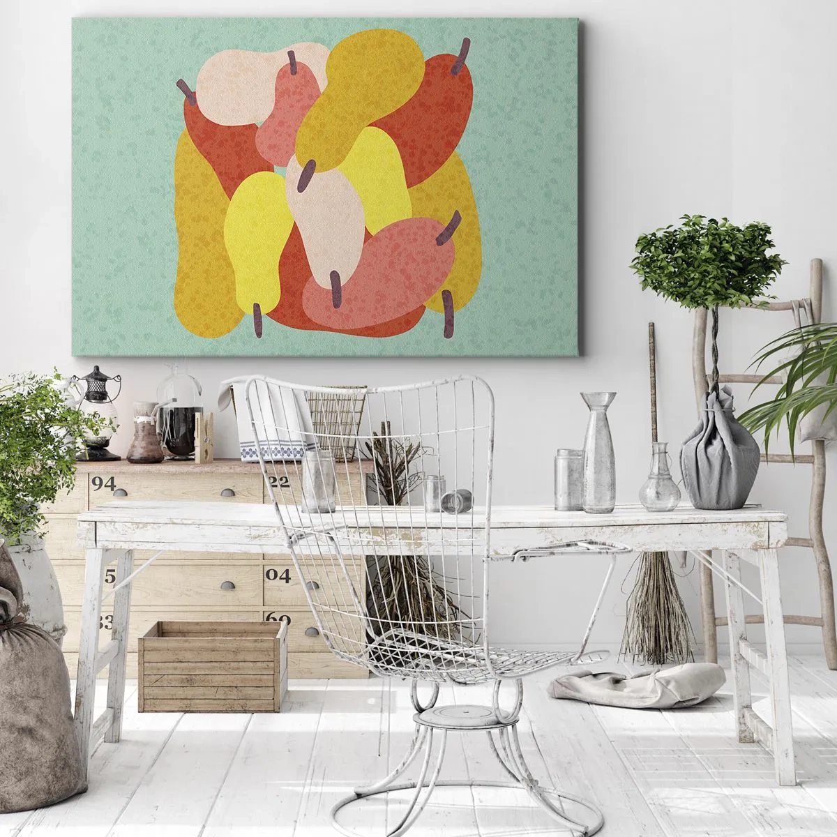 Obraz na plátne - Farebné abstraktné hrušky na zelenom pozadí - 70x50cm - Ochutnajte letné slnko - Moderná nástenná dekorácia do obývacej izby a spálne ARTTOR