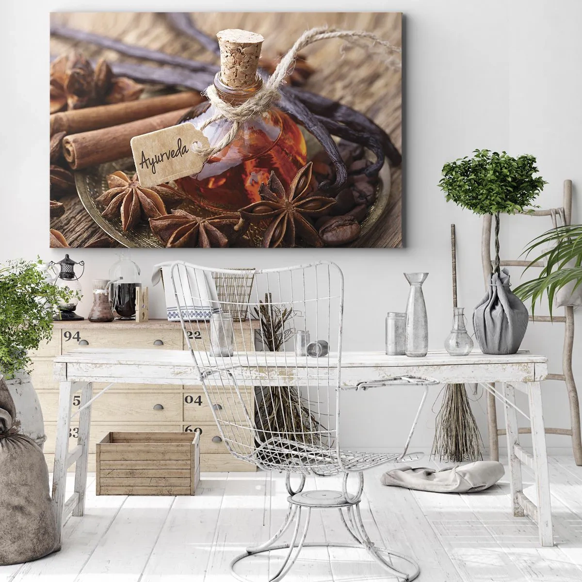 Obraz na plátne - Fľaša koreninového oleja na podnose - 70x50cm - K jednote tela a ducha - Moderná nástenná dekorácia do obývacej izby a spálne ARTTOR