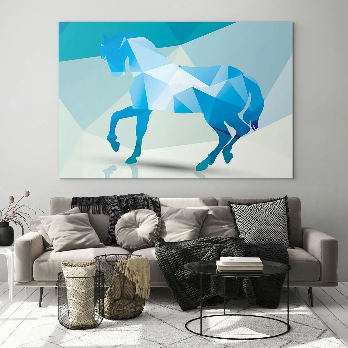 Obraz na skle - Geometrický kôň v odtieňoch modrej a bielej - 70x50cm - Geometrický kôň v tyrkyse - Moderná nástenná dekorácia do obývacej izby a spálne ARTTOR