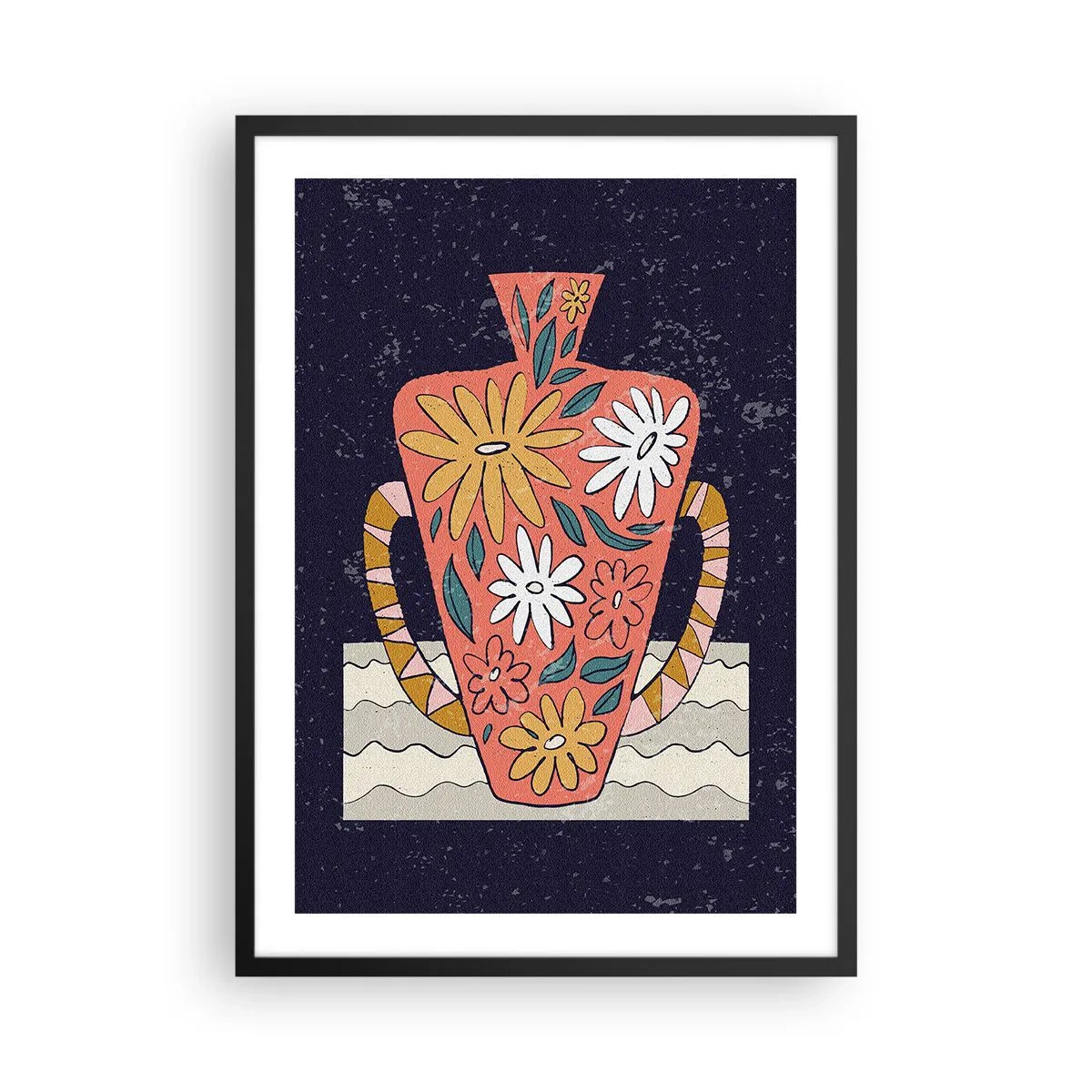 Plagát v čiernom ráme - Farebná váza s kvetinovým vzorom na tmavom pozadí - 50x70cm - Maľovaný džbán - Moderná nástenná dekorácia do obývacej izby a spálne ARTTOR