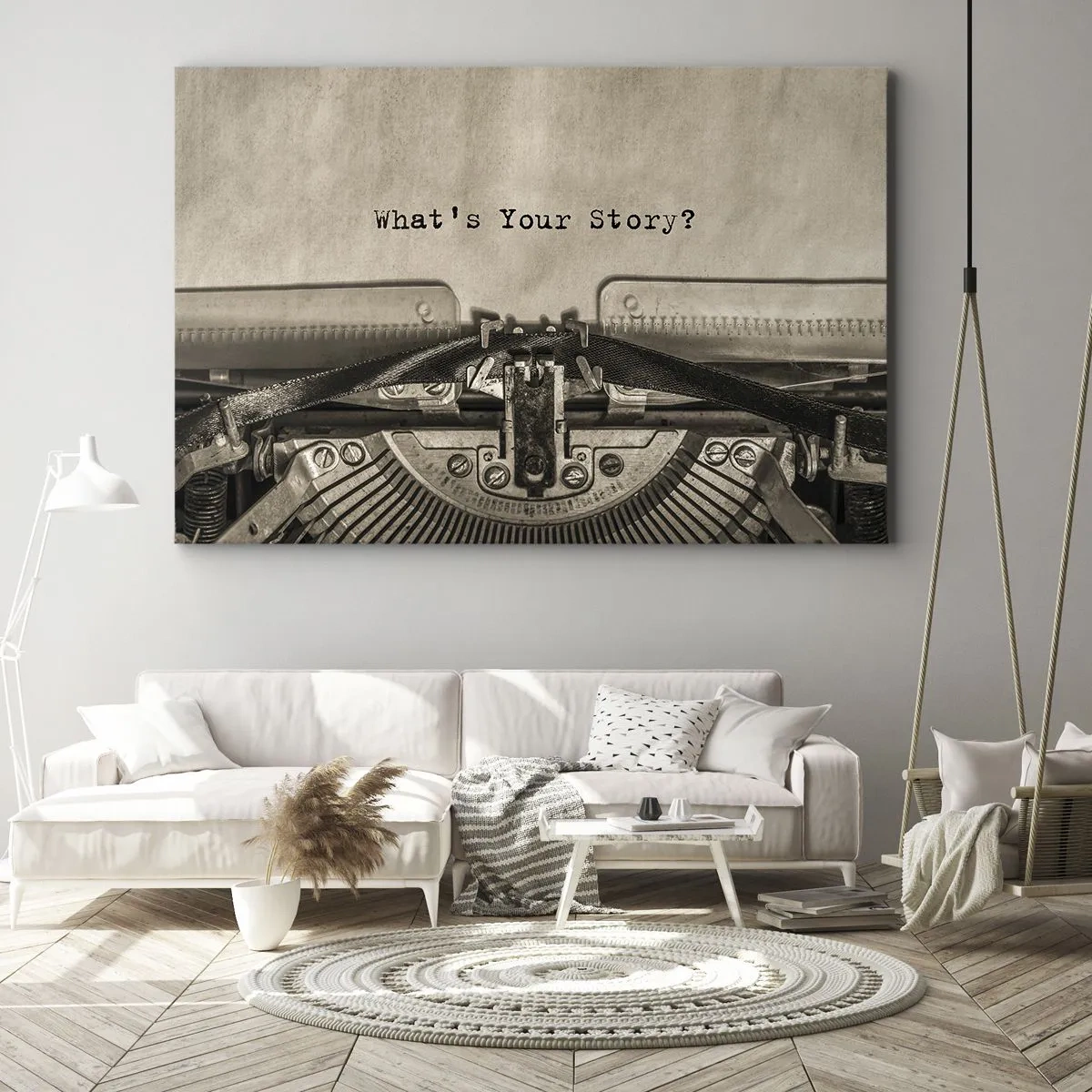 Obraz na plátne - Písací stroj s nápisom Aký je tvoj príbeh? - 70x50cm - Povedz mi - Moderná nástenná dekorácia do obývacej izby a spálne ARTTOR