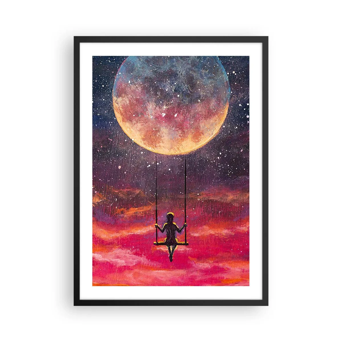 Plagát v čiernom ráme - Dievča na hojdačke pod splnom - 50x70cm - Stavať si vzdušné zámky - Moderná nástenná dekorácia do obývacej izby a spálne ARTTOR