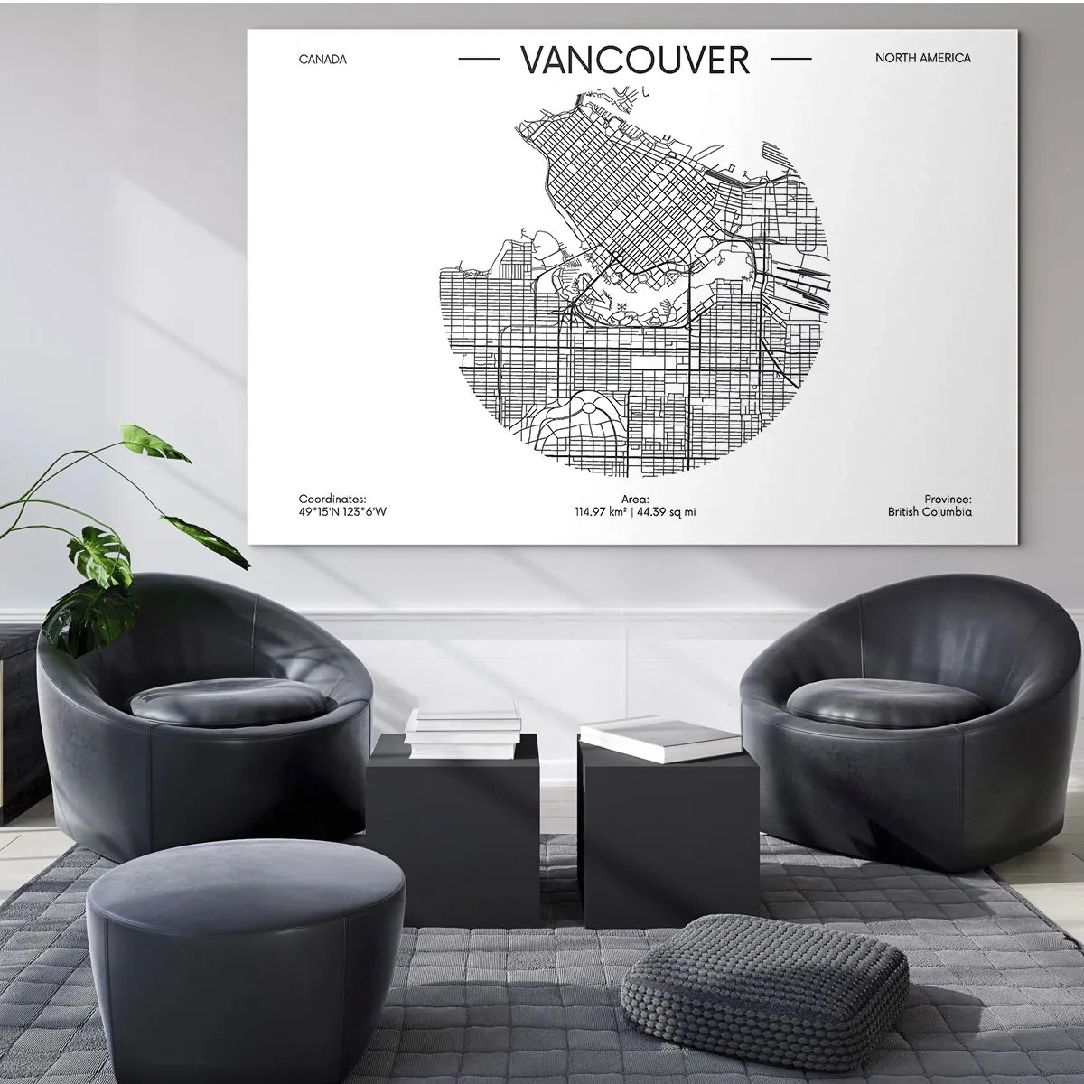 Obraz na skle - Čiernobiela mapa ulíc Vancouveru - 70x50cm - Anatómia Vancouveru - Moderná nástenná dekorácia do obývacej izby a spálne ARTTOR