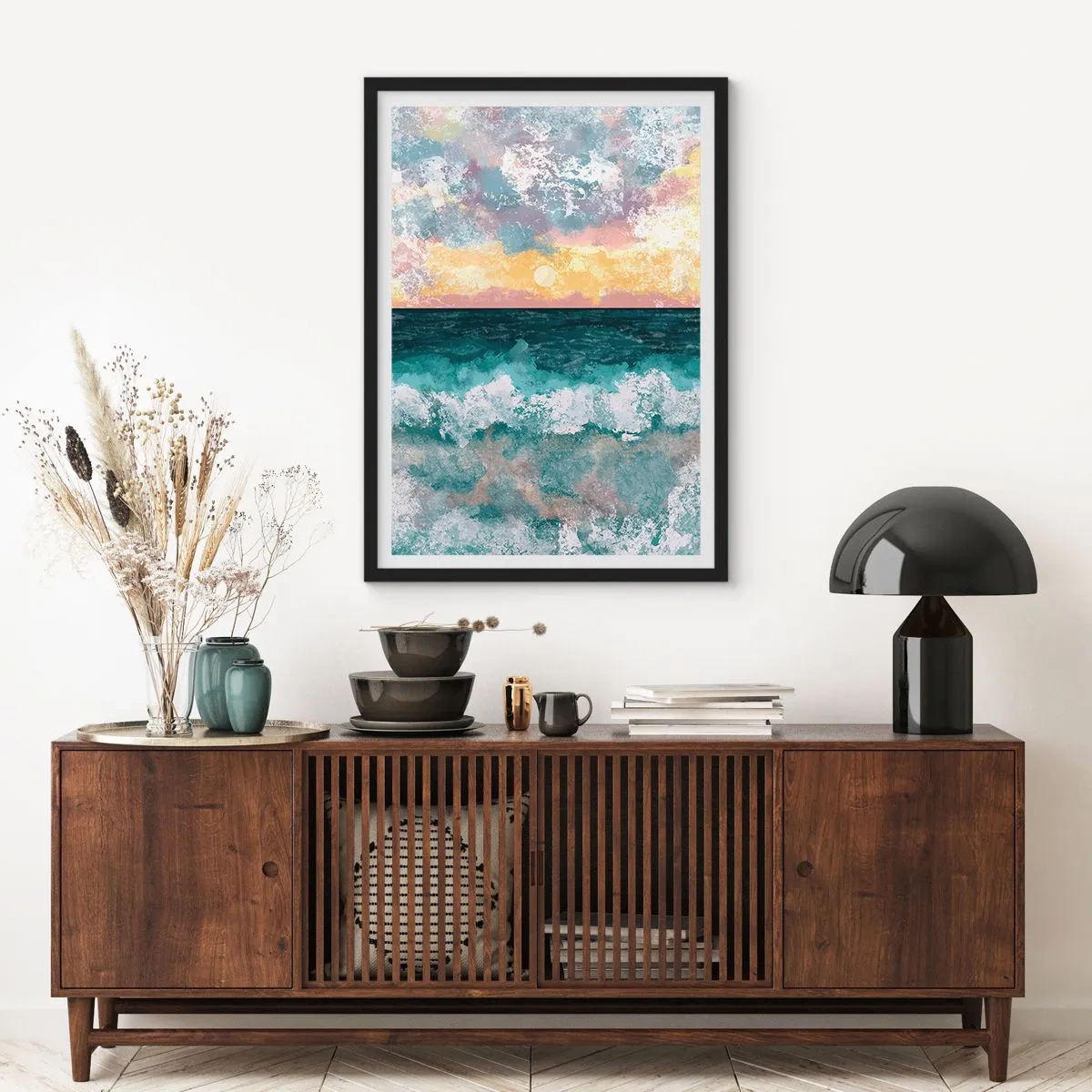 Plagát v čiernom ráme - Morské vlny a západ slnka v akvarelovom štýle - 50x70cm - Voda, svetlo, vzduch - Moderná nástenná dekorácia do obývacej izby a spálne ARTTOR