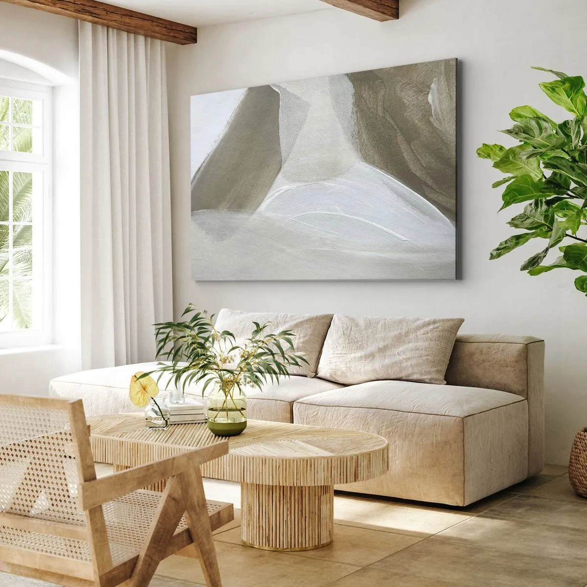 Obraz na plátne - Jemná abstrakcia v odtieňoch béžovej a bielej - 70x50cm - Vlna bielej - Moderná nástenná dekorácia do obývacej izby a spálne ARTTOR