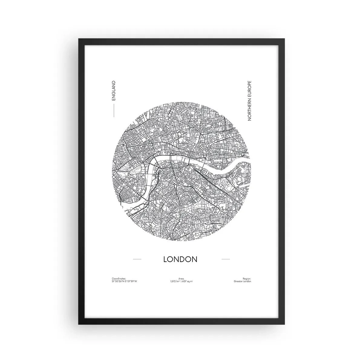 Plagát v čiernom ráme - Minimalistická čiernobiela mapa Londýna - 50x70cm - Anatómia Londýna - Moderná nástenná dekorácia do obývacej izby a spálne ARTTOR