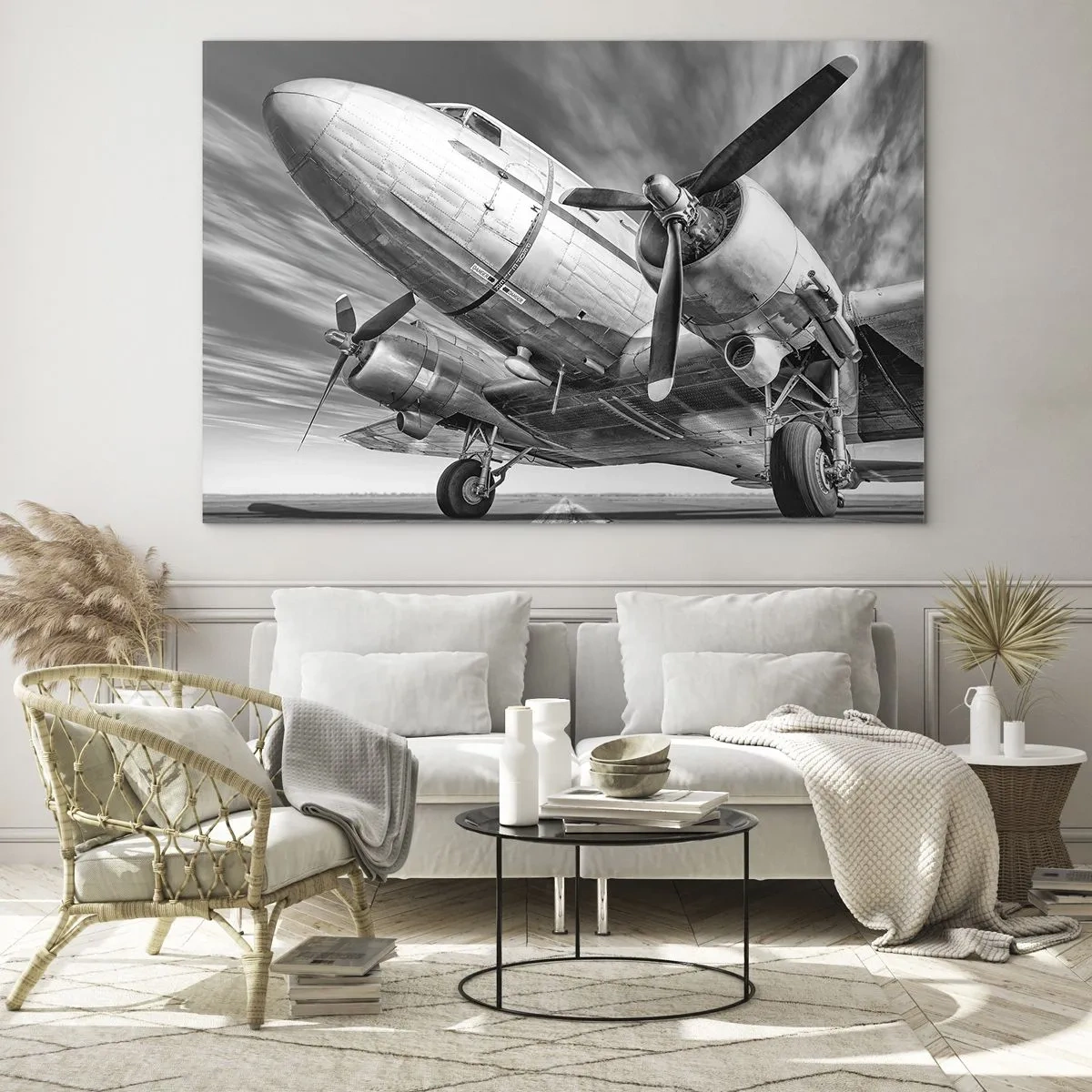 Obraz na skle - Čiernobiele vrtuľové lietadlo na dráhe - 70x50cm - Vždy pripravený na let - Moderná nástenná dekorácia do obývacej izby a spálne ARTTOR