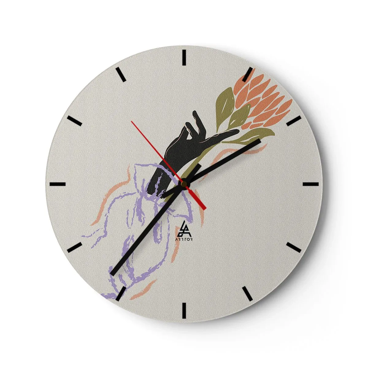 Nástenné hodiny - Štylizovaná ruka držiaca kvet v pastelových farbách. - 30x30cm - Sesterský dotyk - Moderná nástenná dekorácia do obývacej izby, kuchyne a spálne ARTTOR