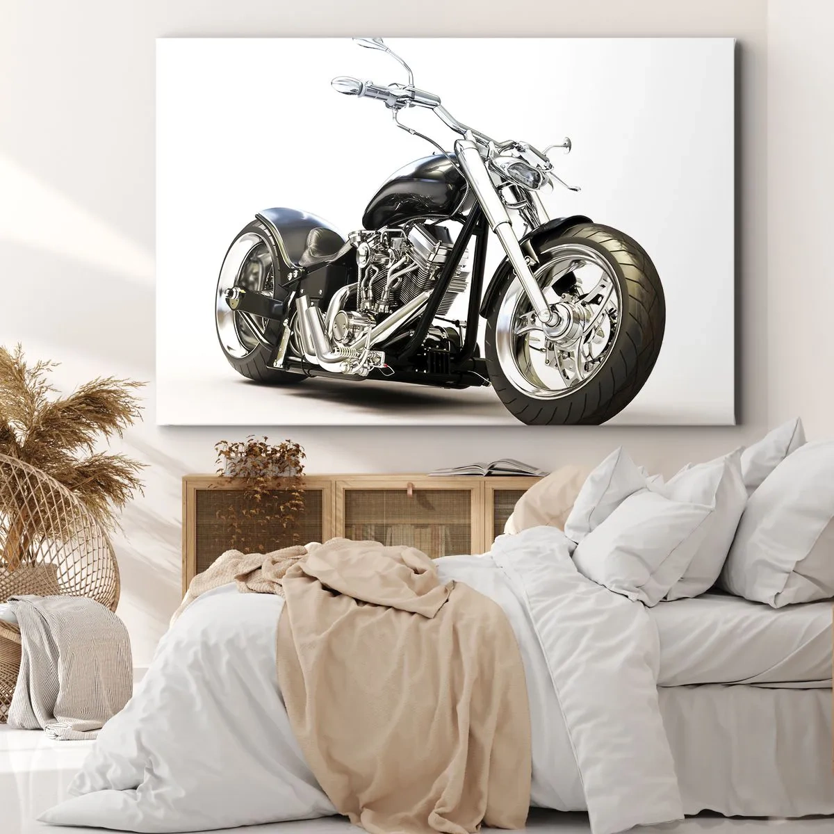 Obraz na plátne - Štýlový čierny motocykel na bielom pozadí - 70x50cm - Sila s charakterom - Moderná nástenná dekorácia do obývacej izby a spálne ARTTOR