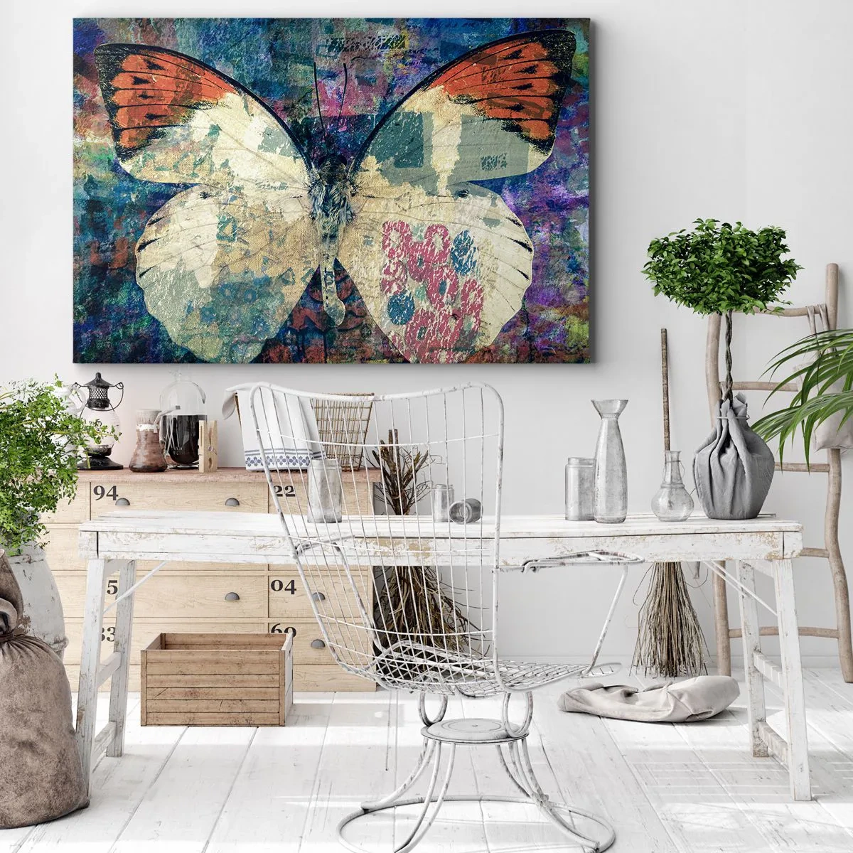 Obraz na plátne - Motýľ na abstraktnom umeleckom pozadí s farebnými detailmi - 70x50cm - Jemná krehkosť - Moderná nástenná dekorácia do obývacej izby a spálne ARTTOR