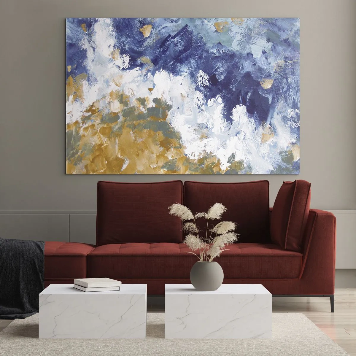 Obraz na skle - Abstraktné ťahy farby v modrej, bielej a zlatej farbe - 70x50cm - Tanec živlov - Moderná nástenná dekorácia do obývacej izby a spálne ARTTOR