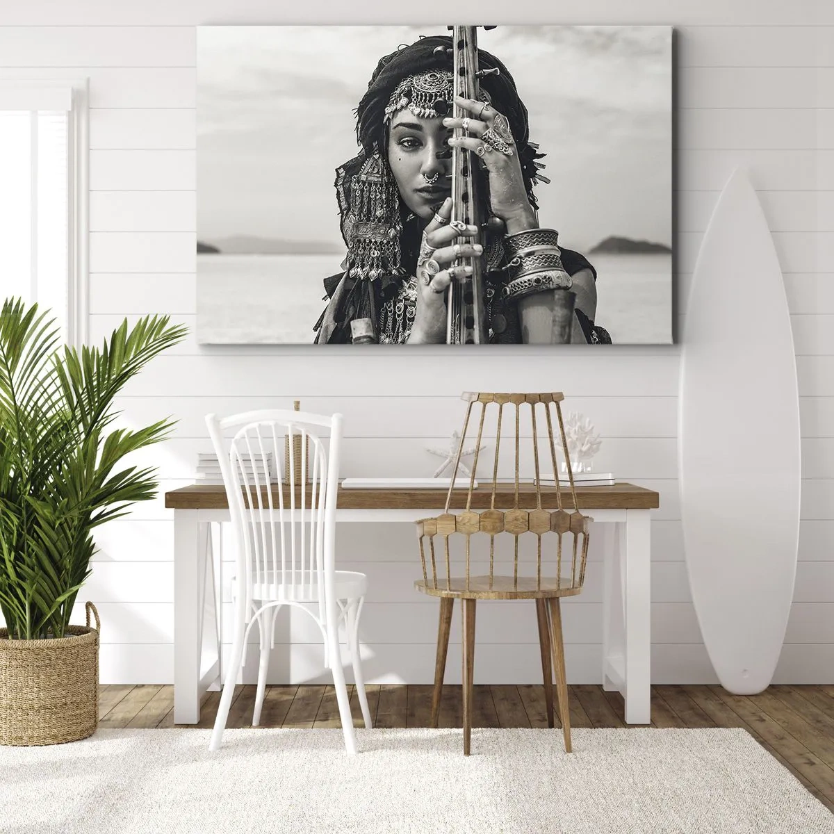 Obraz na plátne - Portrét ženy v etnických šperkoch, ktorá drží v ruke hudobný nástroj. - 70x50cm - Samotná hudba orientu - Moderná nástenná dekorácia do obývacej izby a spálne ARTTOR