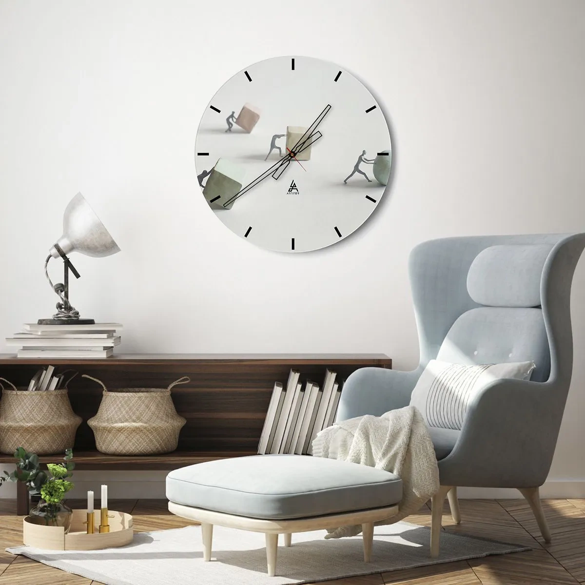 Nástenné hodiny - Postavy tlačiace kocky a loptu symbolizujúce úsilie - 30x30cm - Život samotný - Moderná nástenná dekorácia do obývacej izby, kuchyne a spálne ARTTOR