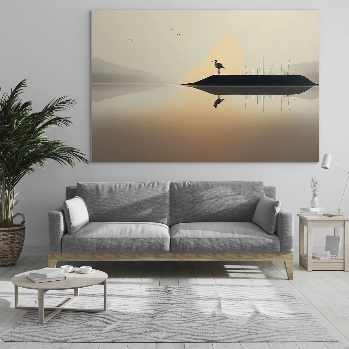 Obraz na skle - Volavka stojaca na ostrove v pokojných vodách jazera - 70x50cm - Pán na jazere - Moderná nástenná dekorácia do obývacej izby a spálne ARTTOR