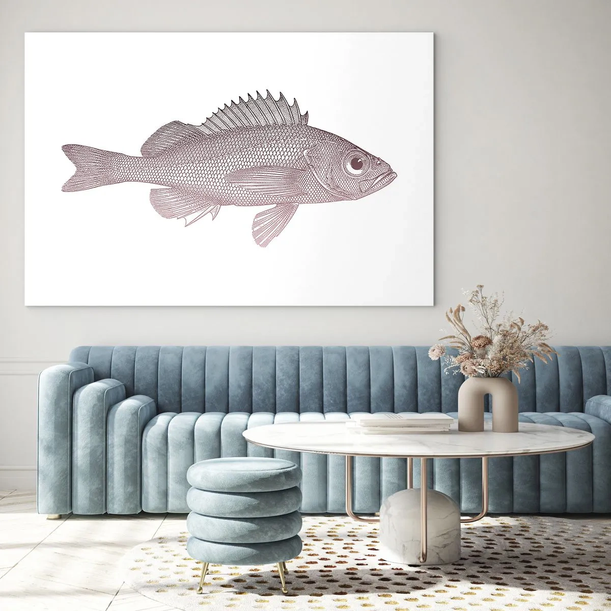 Obraz na skle - Grafika ryby s veľkým okom v retro štýle na bielom pozadí - 70x50cm - Ryba s veľkými očami - Moderná nástenná dekorácia do obývacej izby a spálne ARTTOR