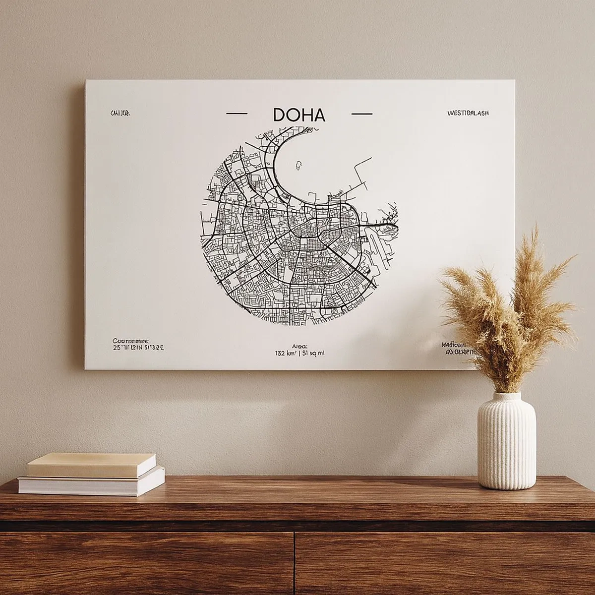 Obraz na plátne - Minimalistická mapa Dauhy v čiernobielej farbe s presnými detailmi. - 70x50cm - Anatómia Dauhy - Moderná nástenná dekorácia do obývacej izby a spálne ARTTOR