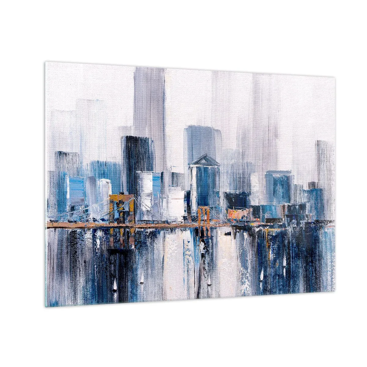Obraz na skle - Abstraktná panoráma mesta s mrakodrapmi a mostom v chladných farbách - 70x50cm - Newyorská impresia - Moderná nástenná dekorácia do obývacej izby a spálne ARTTOR