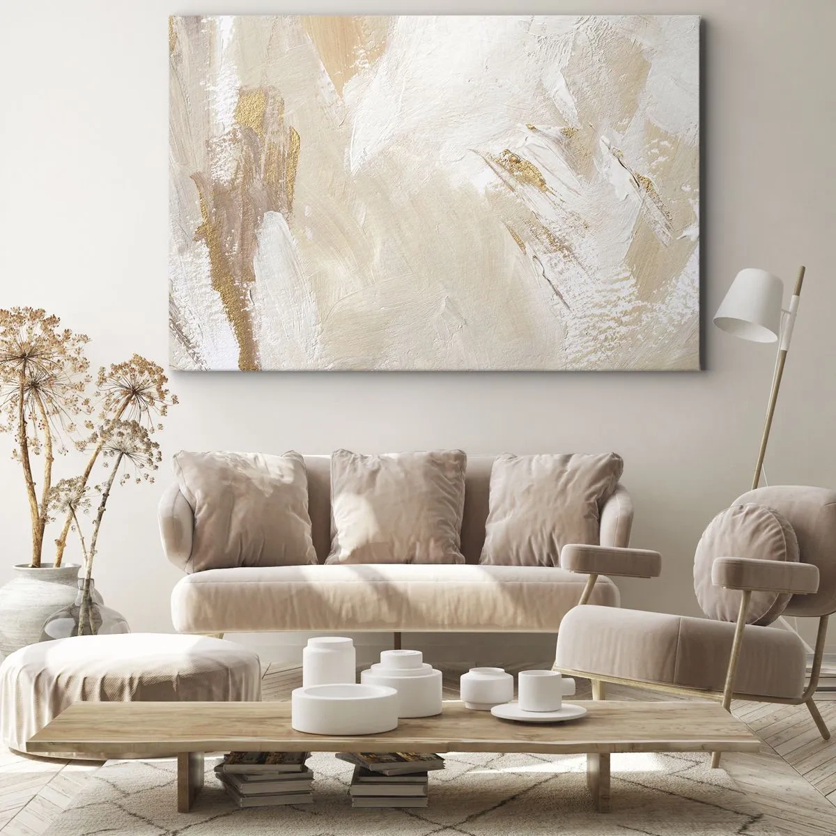 Obraz na plátne - Jemné abstraktné tóny v odtieňoch béžovej a zlatej - 70x50cm - Pastelová kompozícia - Moderná nástenná dekorácia do obývacej izby a spálne ARTTOR