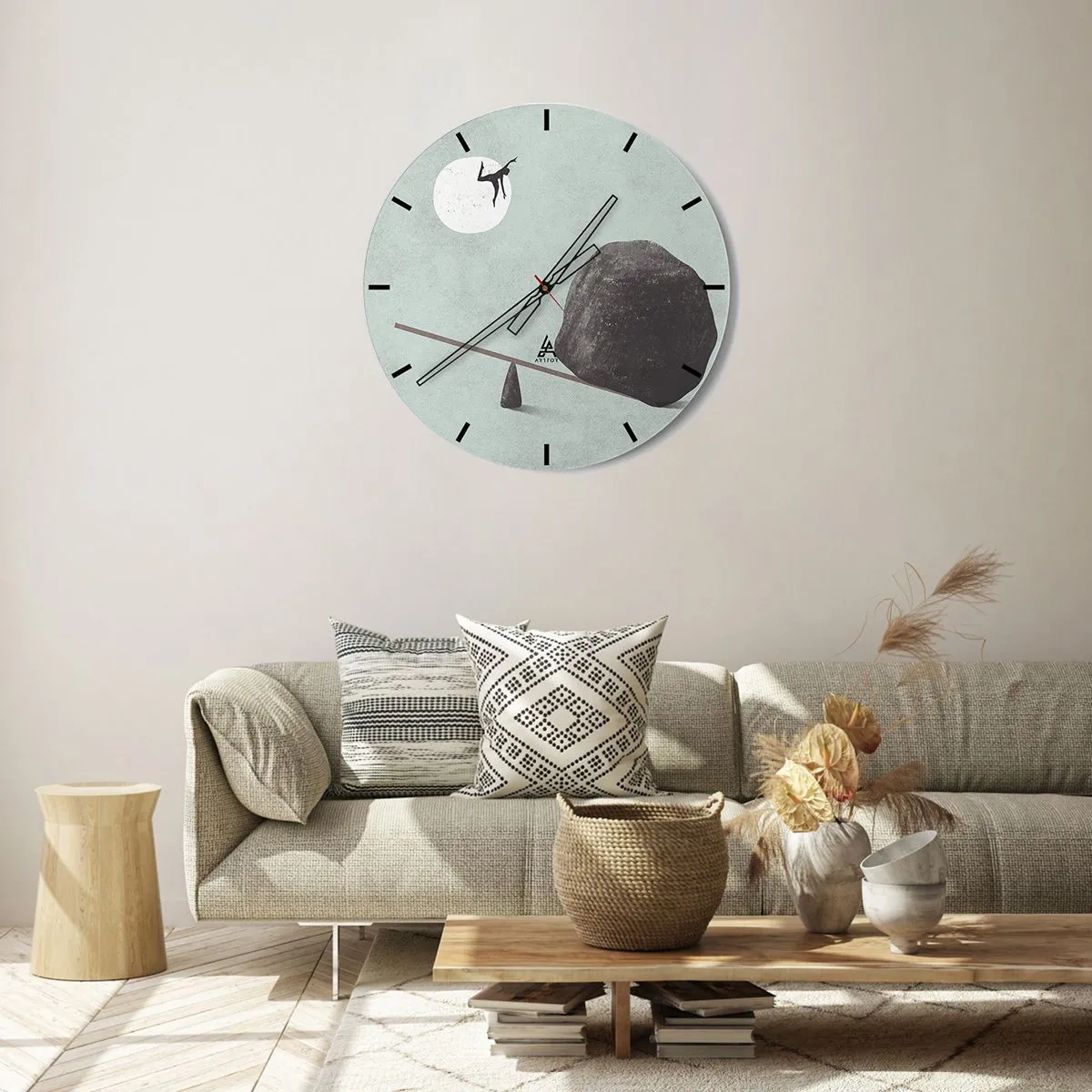 Nástenné hodiny - Postava je katapultovaná z hojdačky skalou smerom k Mesiacu. - 30x30cm - Splnený sen - Moderná nástenná dekorácia do obývacej izby, kuchyne a spálne ARTTOR