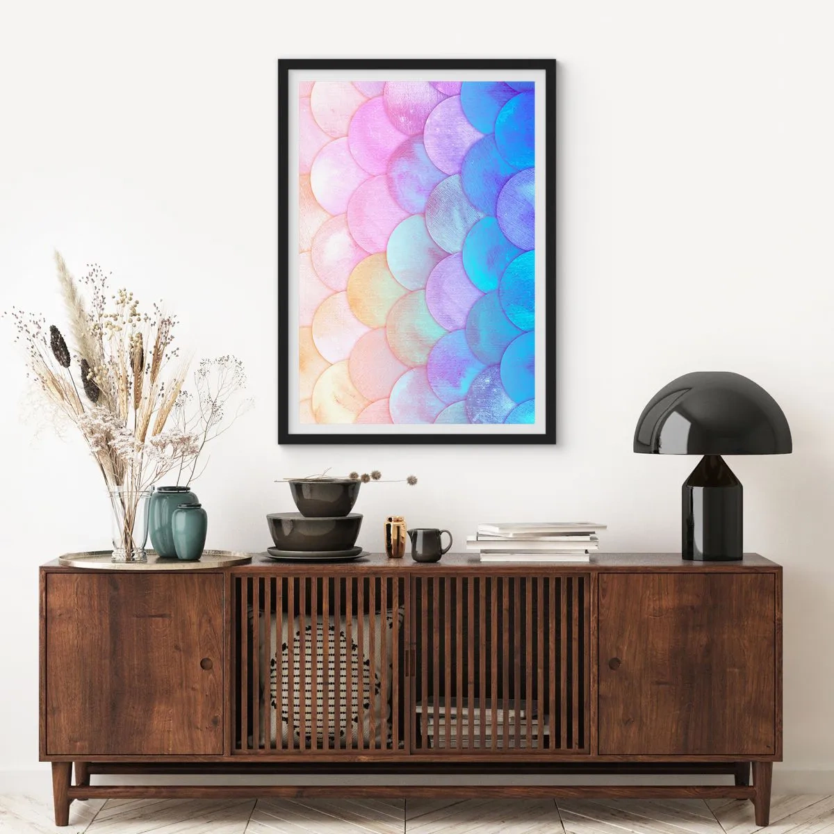 Plagát v čiernom ráme - Pastelová kompozícia pripomínajúca šupiny v dúhových odtieňoch - 50x70cm - Perleťová šupina - Moderná nástenná dekorácia do obývacej izby a spálne ARTTOR