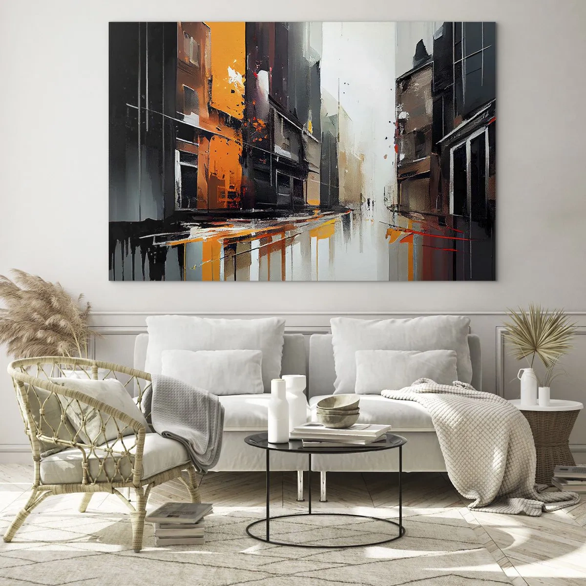 Obraz na skle - Ulica v daždi s vysokými budovami v teplých farbách - 70x50cm - Daždivý deň - Moderná nástenná dekorácia do obývacej izby a spálne ARTTOR