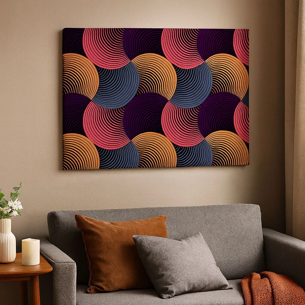 Obraz na plátne - Geometrické kruhy v odtieňoch ružovej, fialovej a zlatej - 70x50cm - V kruhovom rytme - Moderná nástenná dekorácia do obývacej izby a spálne ARTTOR