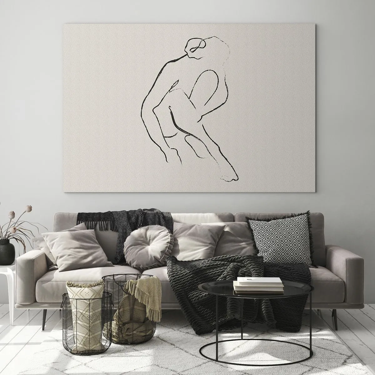 Obraz na skle - Minimalistická skica ženskej siluety v sediacej polohe. - 70x50cm - Intímna skica - Moderná nástenná dekorácia do obývacej izby a spálne ARTTOR