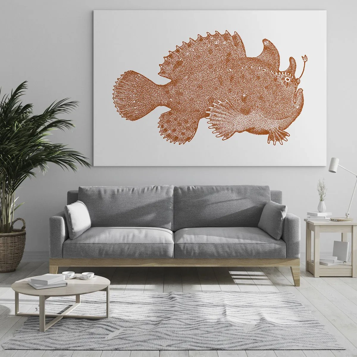 Obraz na skle - Hrdzavá kresba hlbokomorskej ryby vytvorená bodkovou technikou - 70x50cm - A nakoniec ryba - Moderná nástenná dekorácia do obývacej izby a spálne ARTTOR