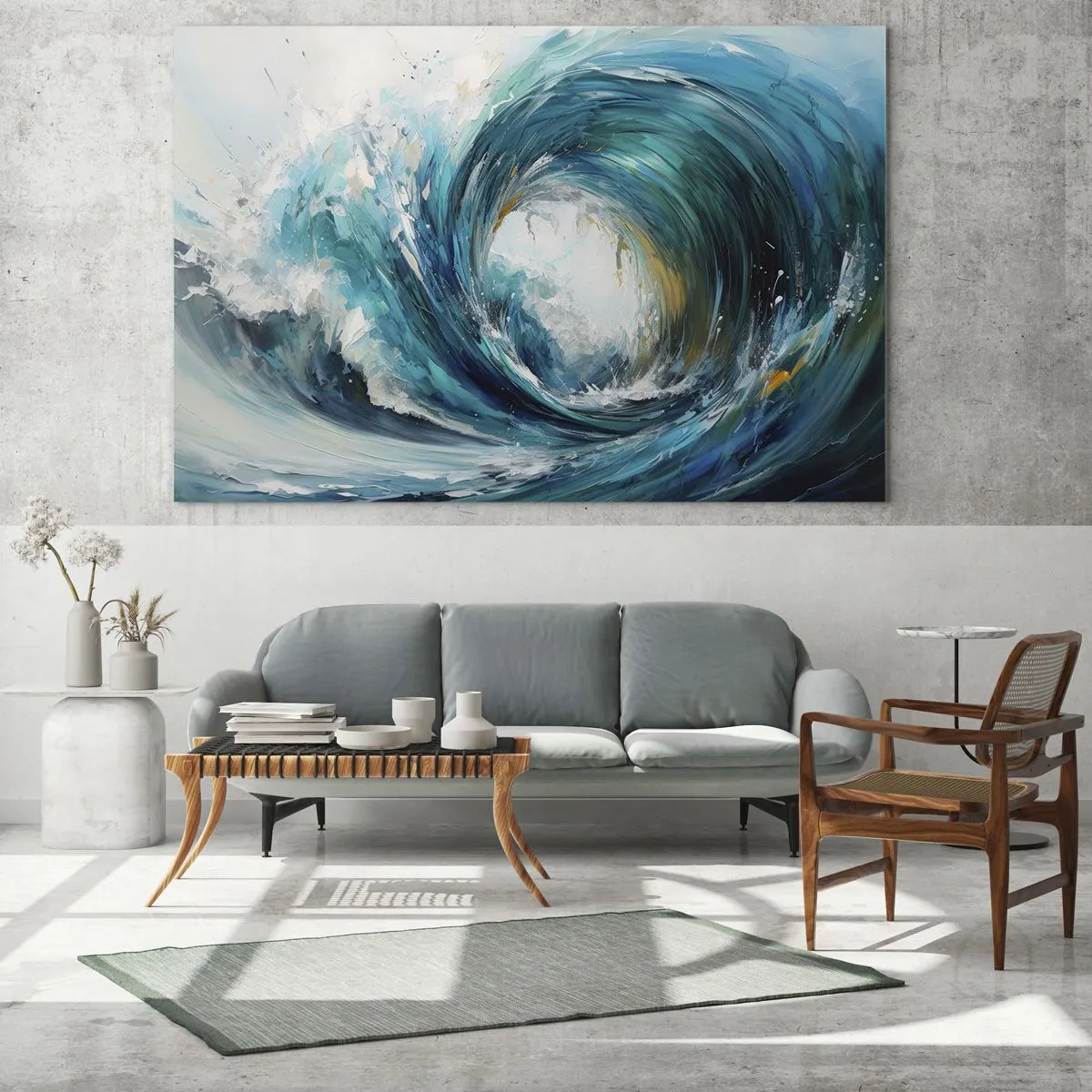Obraz na skle - Vizualizácia silnej morskej vlny vo forme víru s intenzívnou modrou farbou - 70x50cm - Morský portál - Moderná nástenná dekorácia do obývacej izby a spálne ARTTOR