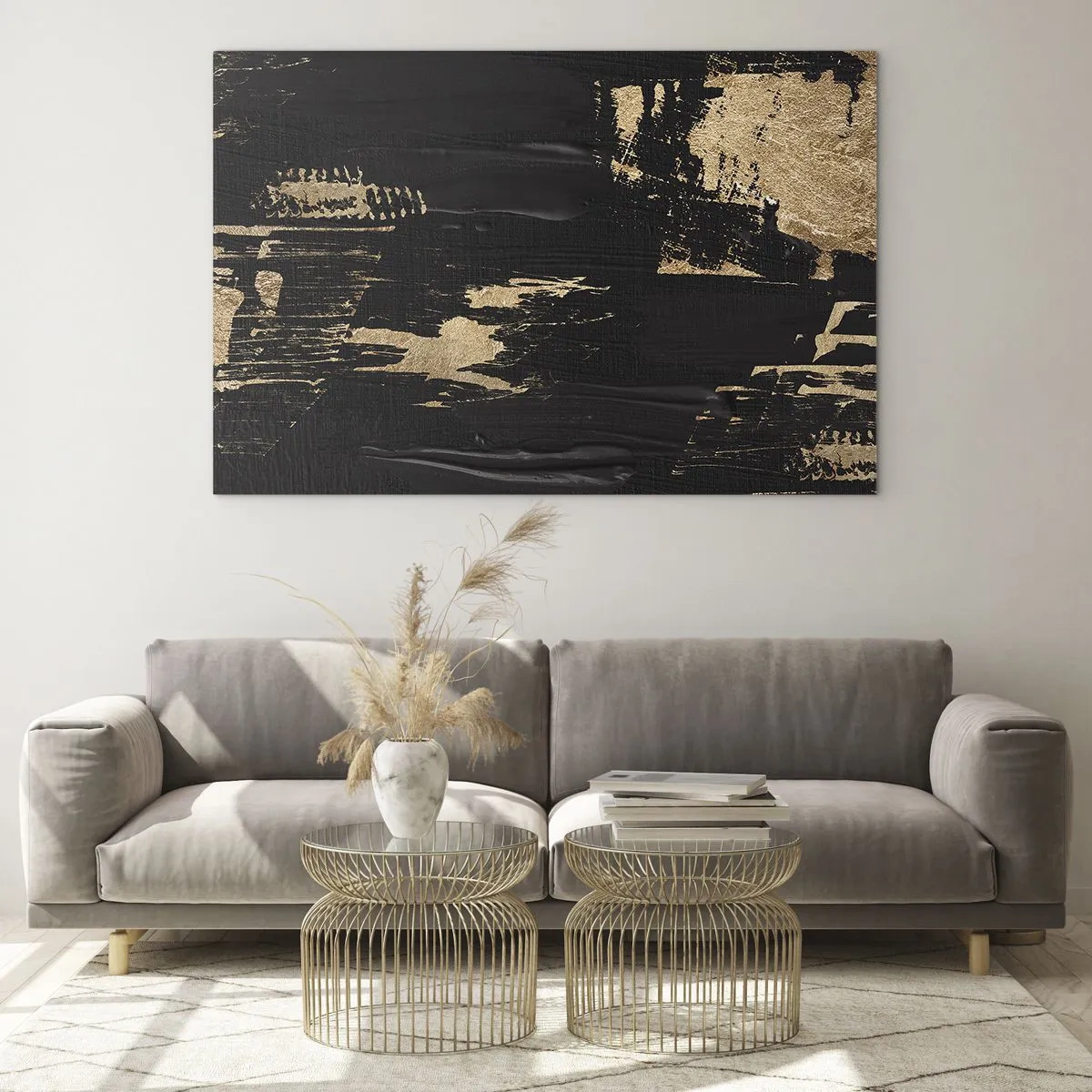 Obraz na skle - Čierno-zlatá abstrakcia s textúrou podobnou ťahu štetcom - 70x50cm - Stopa dotyku - Moderná nástenná dekorácia do obývacej izby a spálne ARTTOR