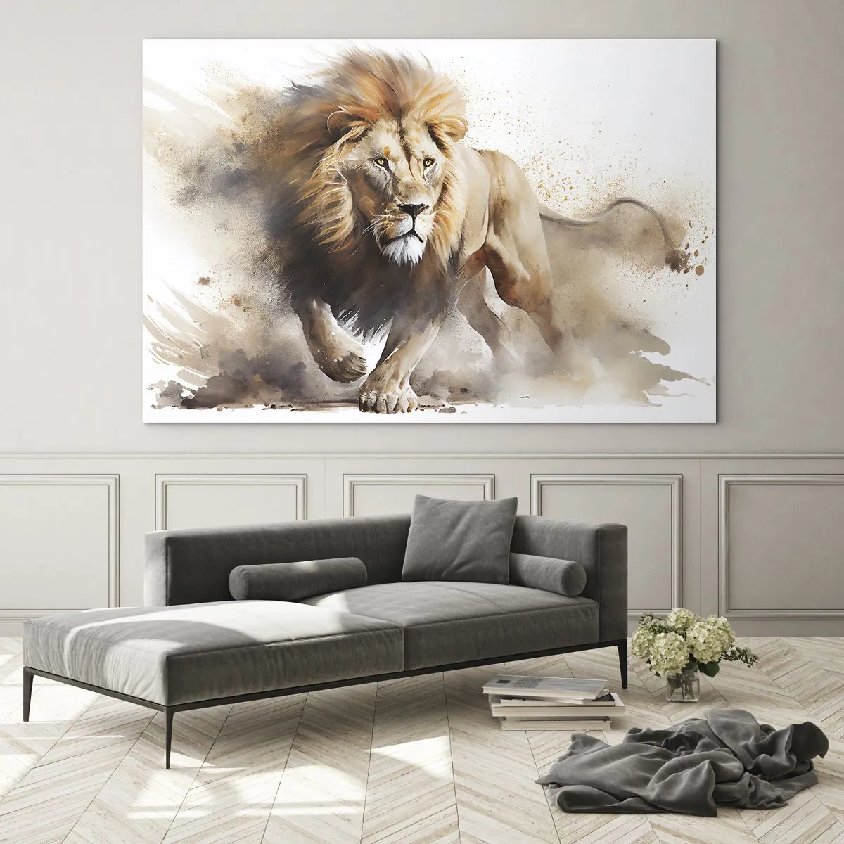 Obraz na skle - Dynamická snímka bežiaceho leva v štýle akvarelu - 70x50cm - Kráľ sa pohol - Moderná nástenná dekorácia do obývacej izby a spálne ARTTOR