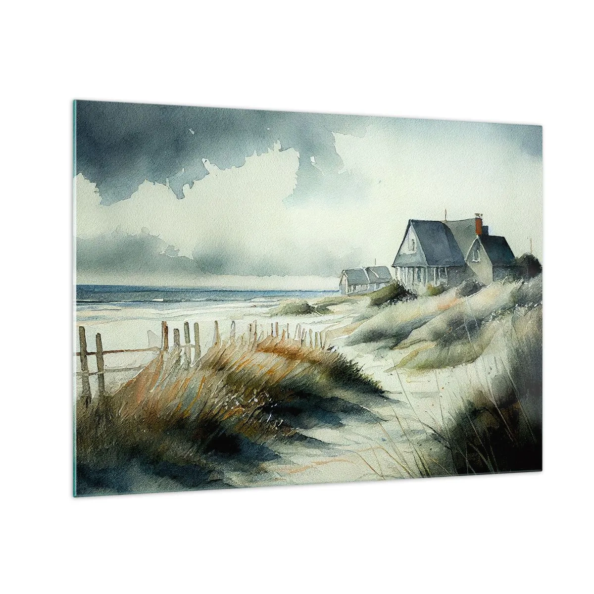 Obraz na skle - Domy na plážových dunách pod zamračenou oblohou - 70x50cm - Ďaleko od zhonu - Moderná nástenná dekorácia do obývacej izby a spálne ARTTOR