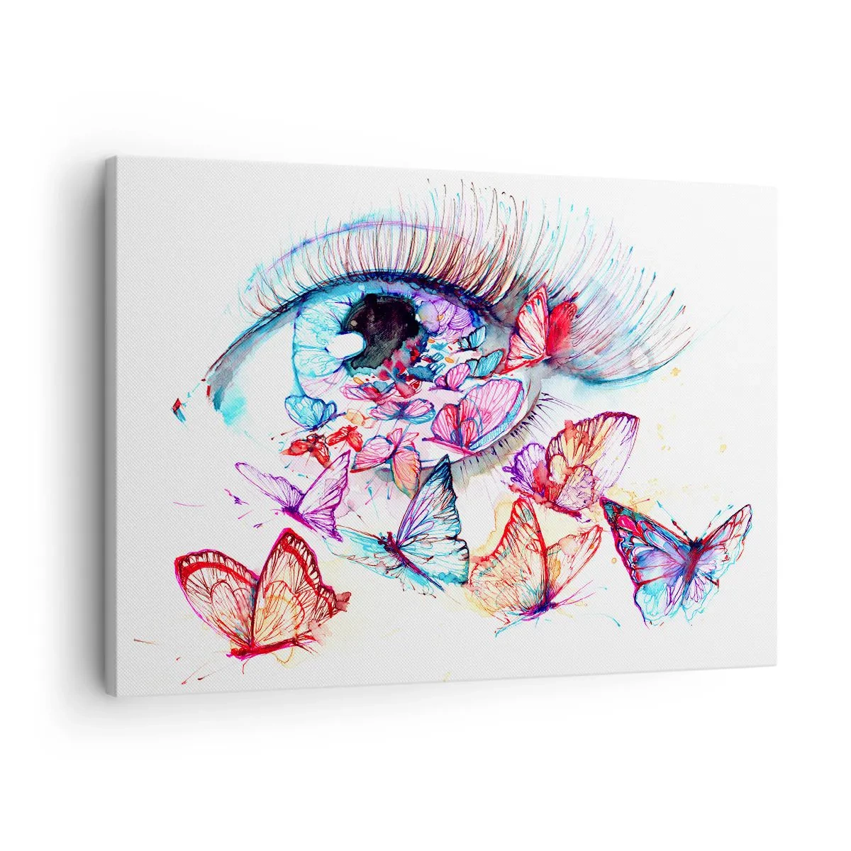 Obraz na plátne - Akvarelové oko obklopené farebnými motýľmi - 70x50cm - Rozprávkové kúzlo očí - Moderná nástenná dekorácia do obývacej izby a spálne ARTTOR
