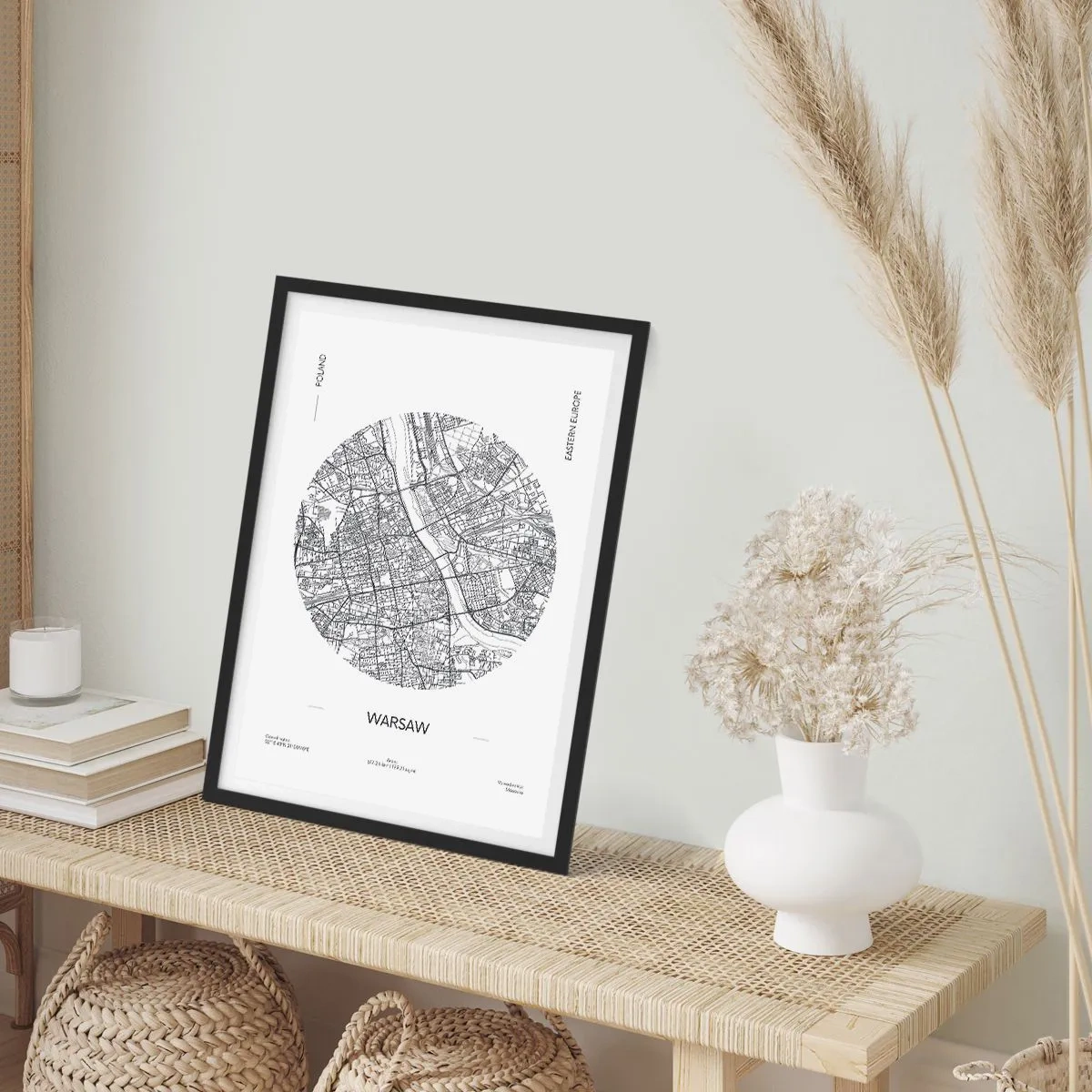 Plagát v čiernom ráme - Minimalistická mapa Varšavy v kruhu - 50x70cm - Anatómia Varšavy - Moderná nástenná dekorácia do obývacej izby a spálne ARTTOR