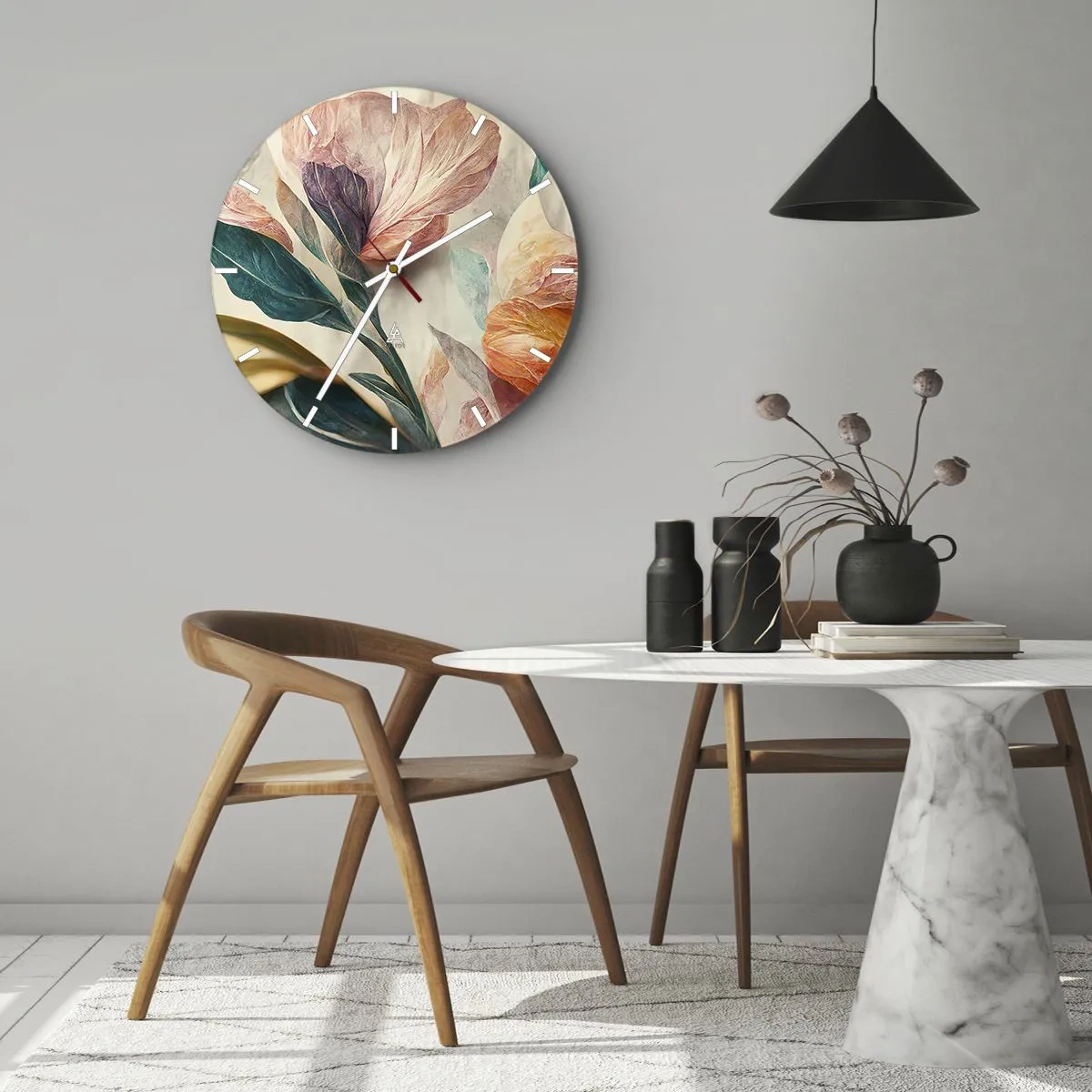 Nástenné hodiny - Farebné tropické kvety v maliarskom štýle na svetlom pozadí - 30x30cm - Kvety južných ostrovov - Moderná nástenná dekorácia do obývacej izby, kuchyne a spálne ARTTOR