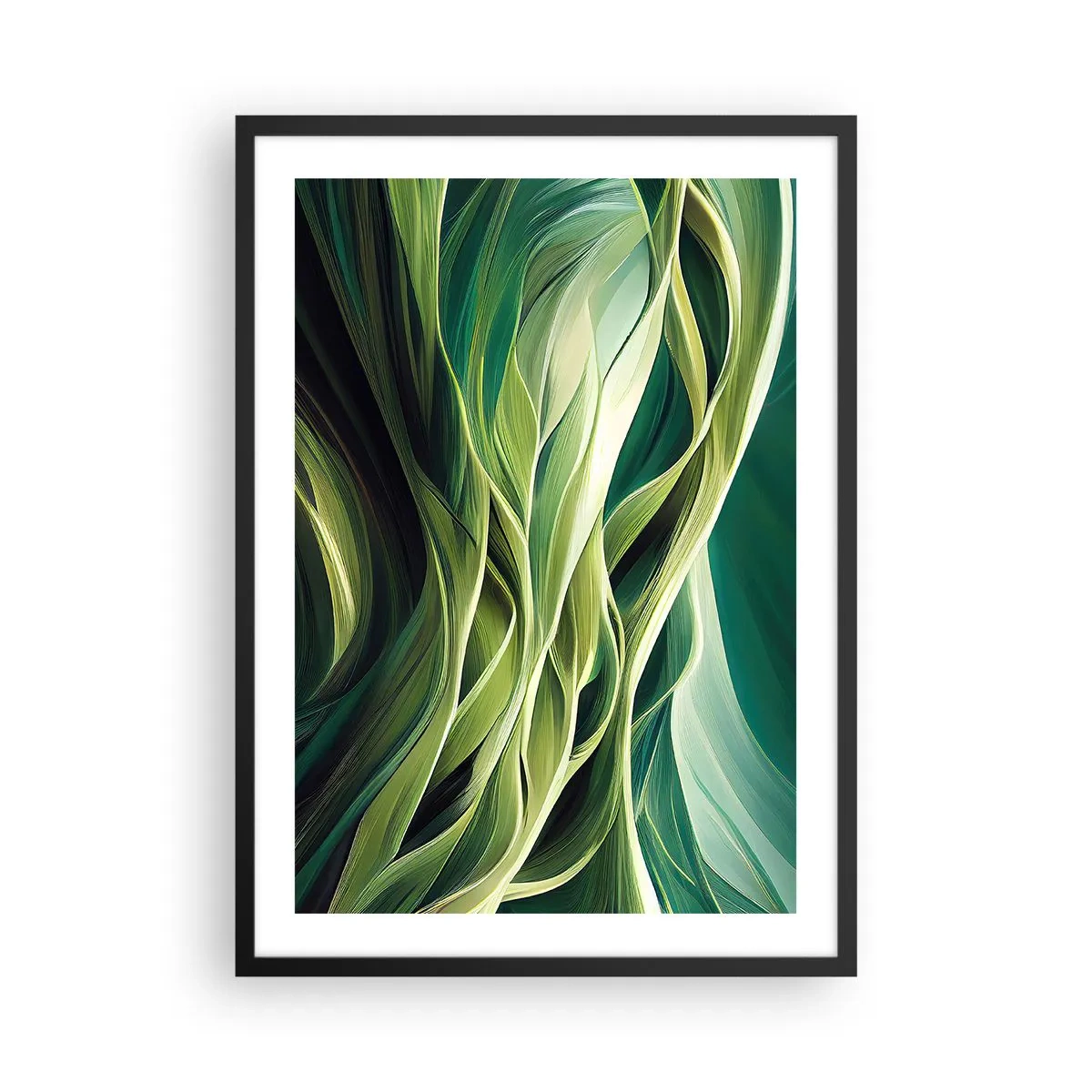 Plagát v čiernom ráme - Abstraktná kompozícia organických, zelených tvarov. - 50x70cm - Abstraktná hra na zelenú - Moderná nástenná dekorácia do obývacej izby a spálne ARTTOR