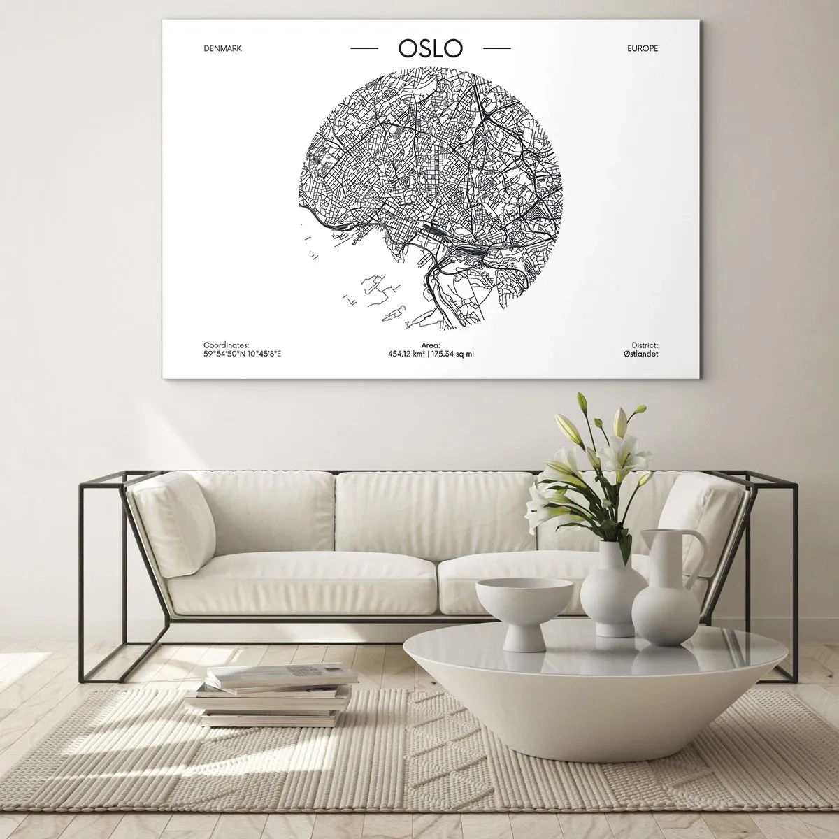 Obraz na skle - Mapa mesta Oslo v čiernobielom grafickom štýle - 70x50cm - Anatómia Osla - Moderná nástenná dekorácia do obývacej izby a spálne ARTTOR