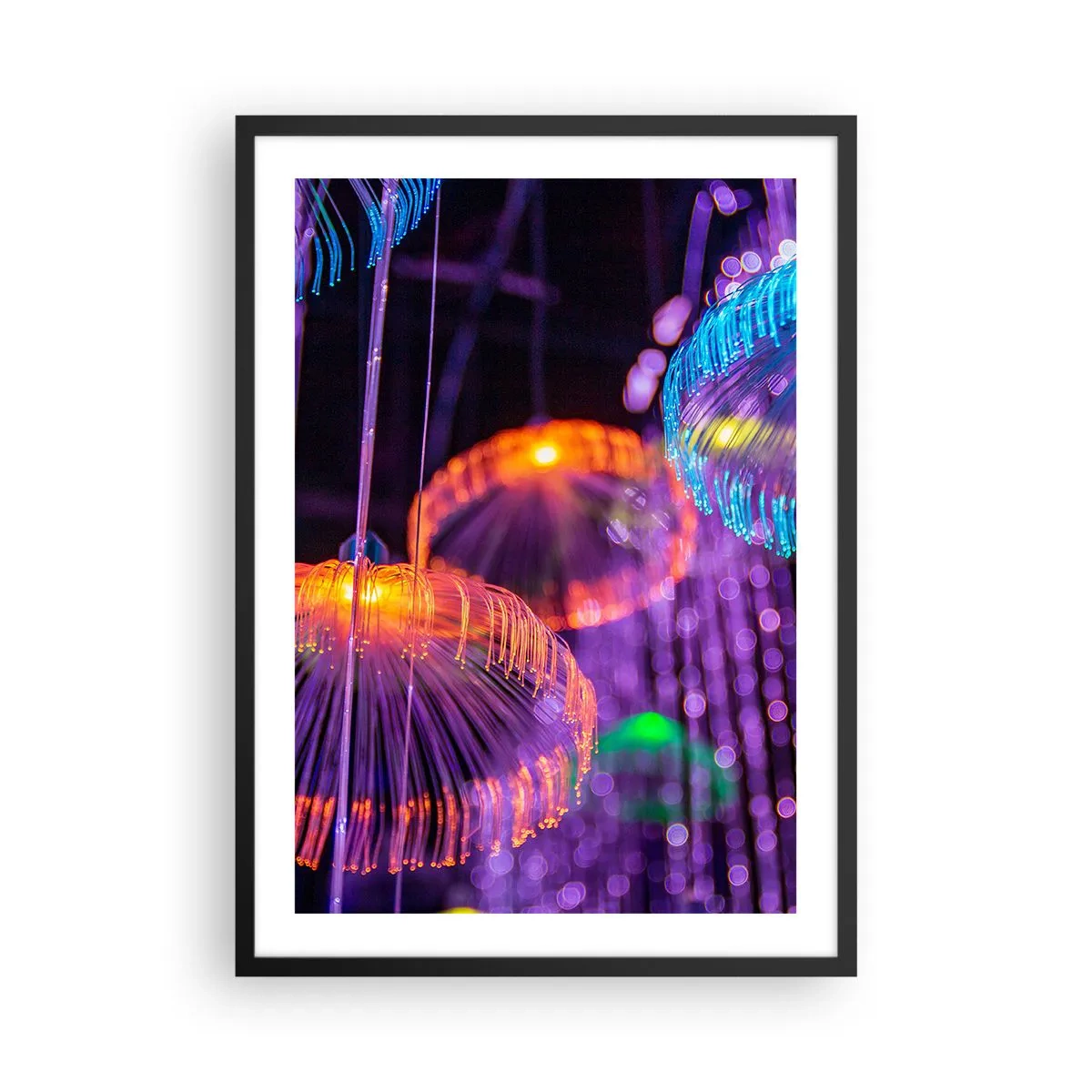 Plagát v čiernom ráme - Farebná, futuristická medúza v neónovom svetle - 50x70cm - Svetelná fontána - Moderná nástenná dekorácia do obývacej izby a spálne ARTTOR