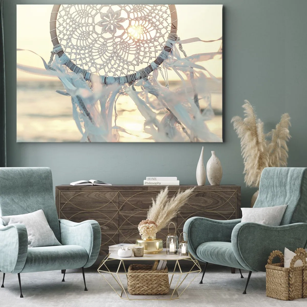 Obraz na plátne - Jemný lapač snov na pozadí zapadajúceho slnka - 70x50cm - Čipkový totem - Moderná nástenná dekorácia do obývacej izby a spálne ARTTOR